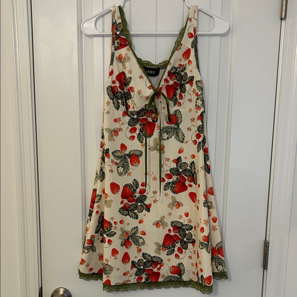 Cider Floral Strawberry Dress with Olive Trim